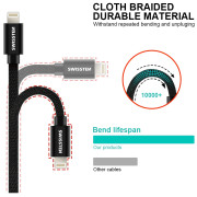 Swissten Textile USB-C / Lightning 2 m töltő és adatkábel