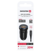 Swissten Mini Car Charger USB-C PD + USB-A, 20W + cabel USB-C / USB-C, 1 m adapter