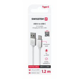 Swissten Textile USB / USB-C 1,2 m töltő és adatkábel ezüst stříbrná