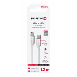 Swissten Textile USB-C / USB-C 1,2 m töltő és adatkábel ezüst stříbrná