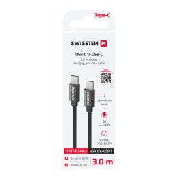 Swissten Textile USB-C / USB-C 3 m töltő és adatkábel fekete černá