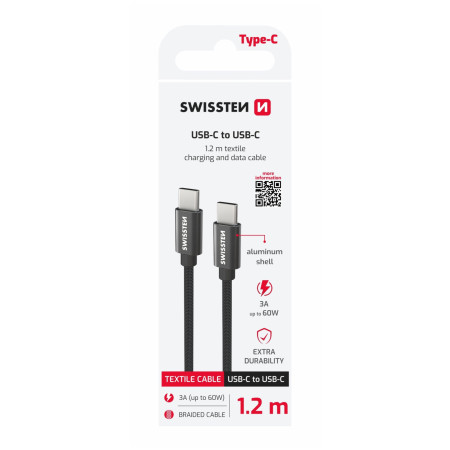Swissten Textile USB-C / USB-C 1,2 m töltő és adatkábel fekete černá