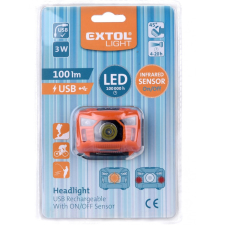 Extol 100lm, nabíjecí, USB, 3W LED fejlámpa