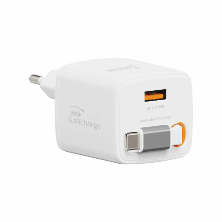 Swissten SlideCharge Gan 45W, 1X USB-A 18W + kabel USB-C 0,75 m adapter fehér bílá