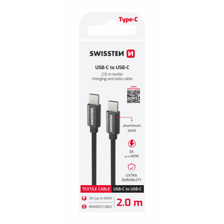 Swissten Textile USB-C / USB-C 2 m töltő és adatkábel fekete černá