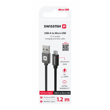 Swissten Textile USB / USB-C 2 m töltő és adatkábel fekete černá