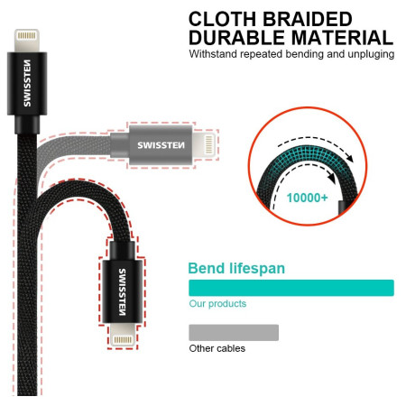 Swissten Textile USB / Lightning 3 m töltő és adatkábel