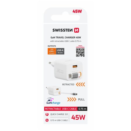 Swissten SlideCharge Gan 45W, 1X USB-A 18W + kabel USB-C 0,75 m adapter