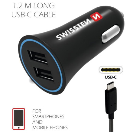 Swissten Car Charger + USB-C Cable autós adapter