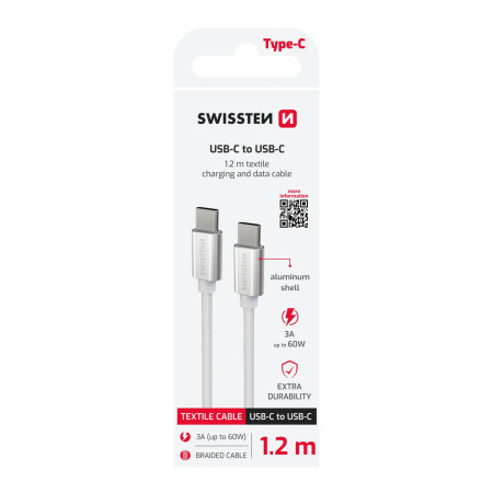 Swissten Textile USB-C / USB-C 1,2 m töltő és adatkábel ezüst stříbrná