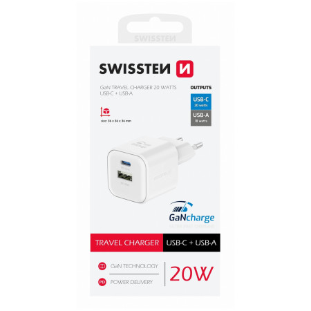 Swissten TRAVEL CHARGER GaN 1x USB-C 20W PD AND 1x USB-A 18W QC töltő