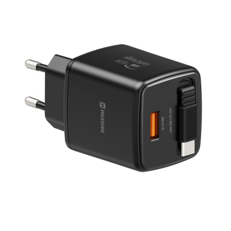 Swissten SlideCharge Gan 45W, 1X USB-A 18W + kabel USB-C 0,75 m adapter