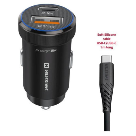 Swissten Mini Car Charger USB-C PD + USB-A, 20W + cabel USB-C / USB-C, 1 m adapter
