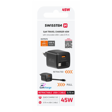 Swissten SlideCharge Gan 45W, 1X USB-A 18W + kabel USB-C 0,75 m adapter