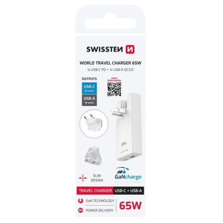 Swissten World Travel Charger 65W GaN USB-C + USB-A adapter
