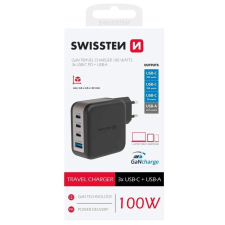 Swissten GaN Travel Charger 100W 3X USB-C PD + USB-A adapter