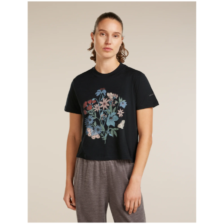 Icebreaker Merino 150 Tech Lite SS Crop Tee NZ Flora női póló fekete BLACK