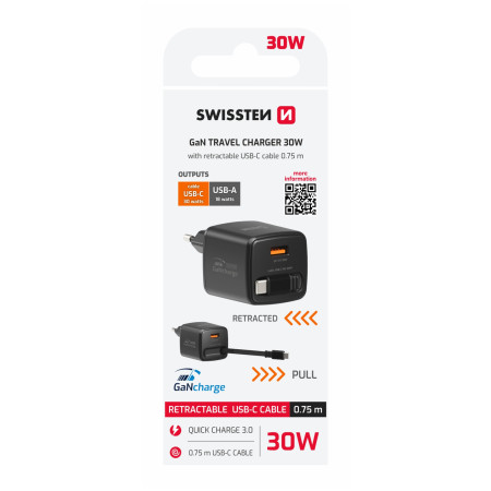 Swissten SlideCharge Gan 30W, 1X USB-A 18W adapter