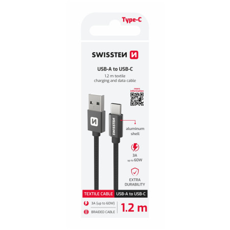 Swissten Textile USB / USB-C 1,2 m töltő és adatkábel fekete černá