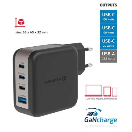 Swissten GaN Travel Charger 100W 3X USB-C PD + USB-A adapter