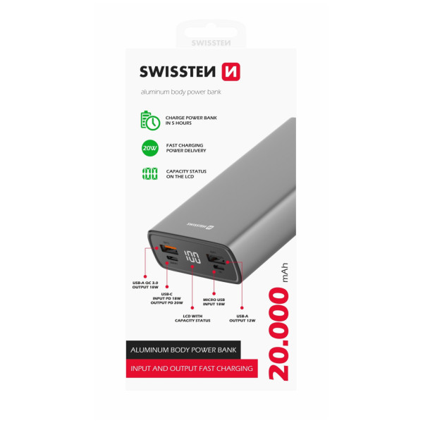 Swissten Aluminum 20000 mAh powerbank