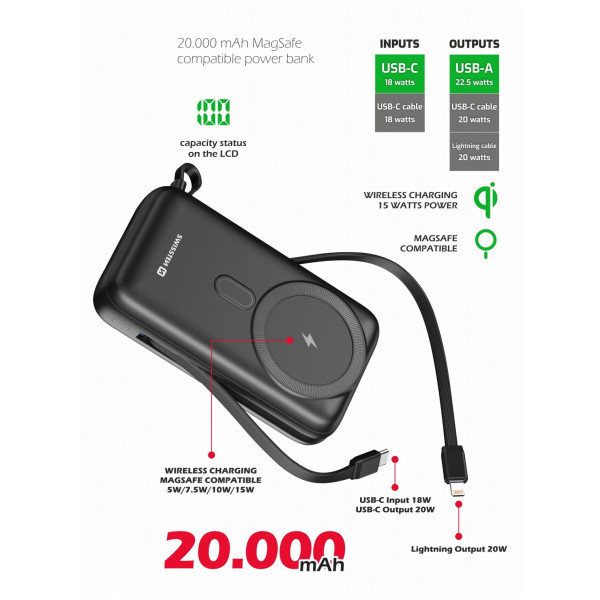 Swissten POWER BANK 20000 mAh PD 20W vezeték nélküli powerbank