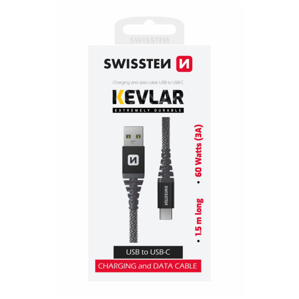 Swissten Kevlar USB/USB-C 1,5 m töltő és adatkábel