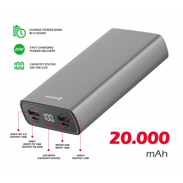 Swissten Aluminum 20000 mAh powerbank